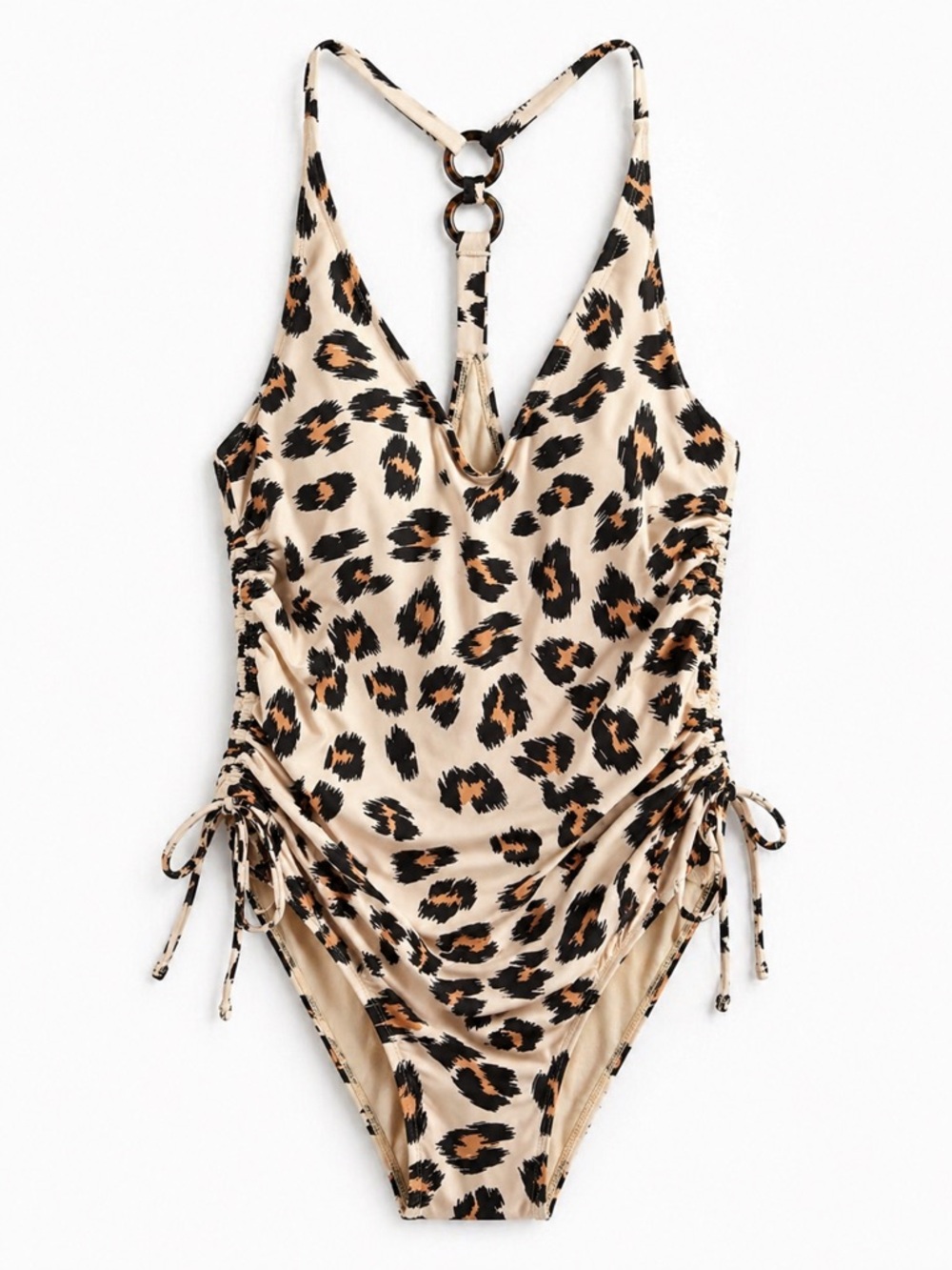 Kona Sol Leopard Print One Piece Swimsuit Size M Ruched Sides Ring Detail